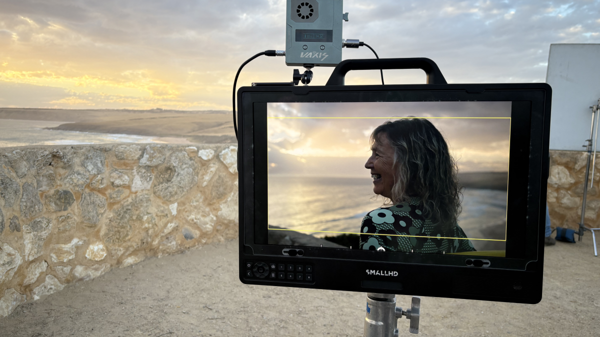Behind-the-scenes monitor showing talent being filmed on the South Australian coast.