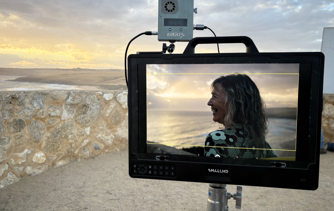 Behind-the-scenes monitor showing talent being filmed on the South Australian coast.