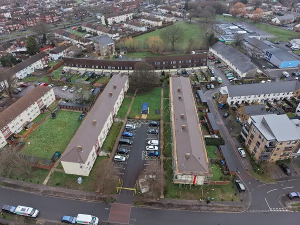 Drone photograph of the renewed pitched roof and scaffolded working area at Honister Close.