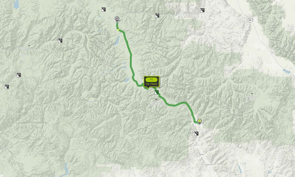 Map showing the route from Sun Valley, ID to Stanley, ID