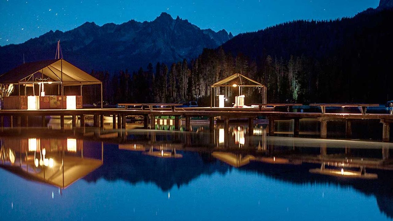 Beautiful night time view of the docks on Red Fish Lake in Stanley, ID | Stanley Chamber
