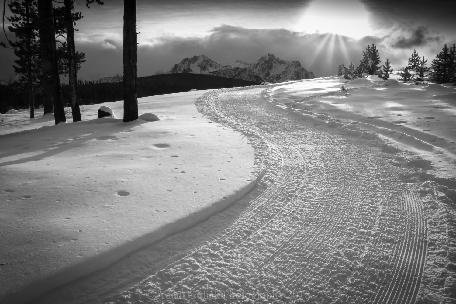Black and white view of trails though Stanley, ID | Stanley Chambers