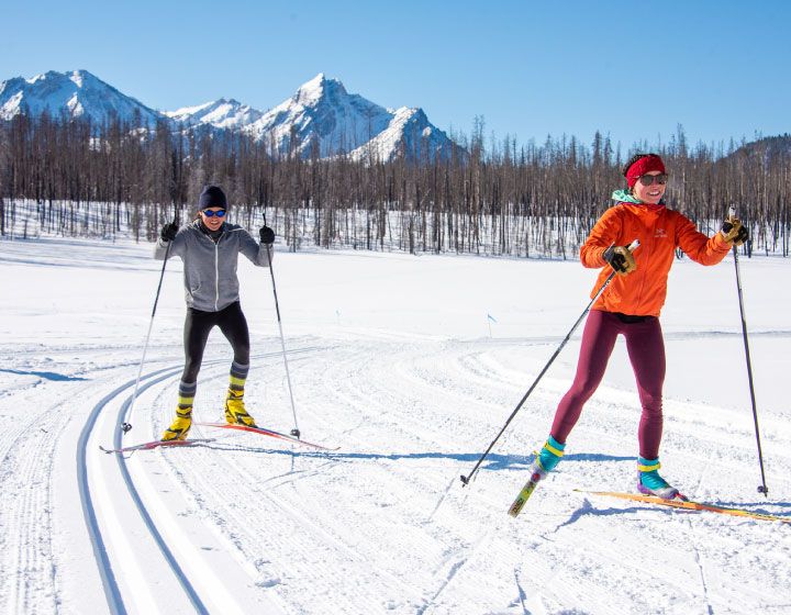 two cross country skiers in Stanley, ID