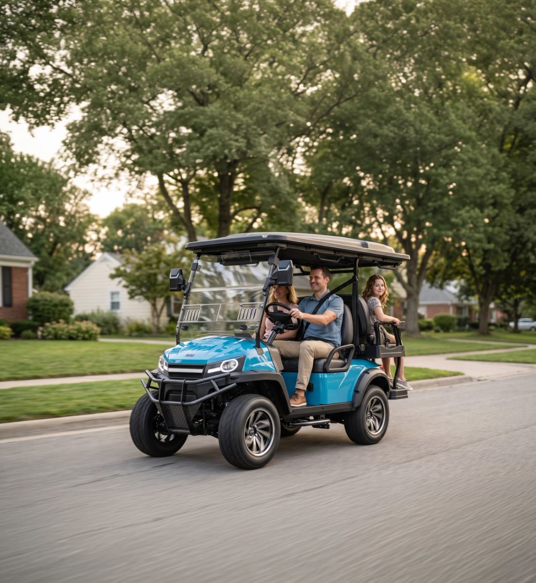 Family driving a blue NIU MT through a residential street, a passenger standing on the folded-down rear platform.