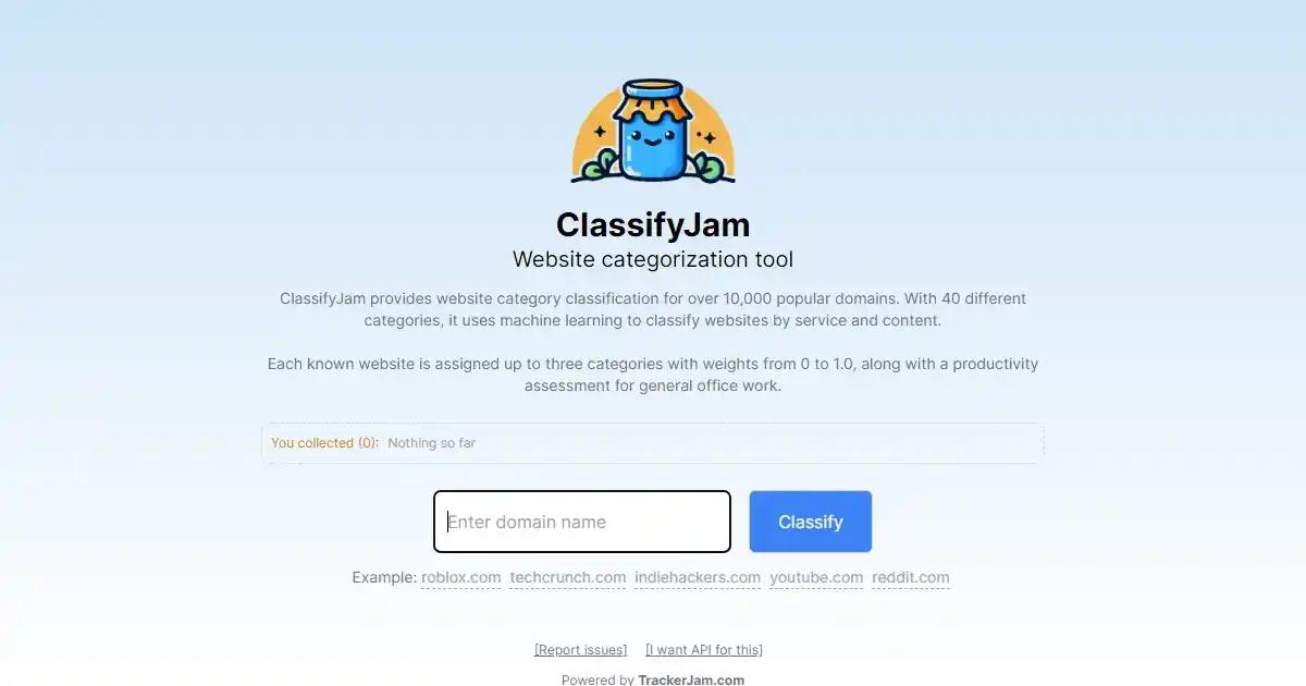 Screenshot of ClassifyJam - AI-driven domain classification tool....