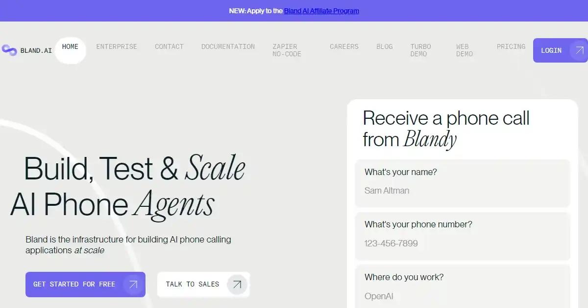 Screenshot of Bland.ai - A platform for AI phone calling...