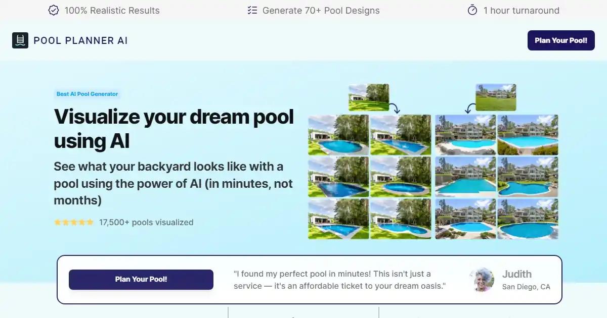 Screenshot of Pool Planner AI - Pool Planner AI is an AI-driven tool for designing...