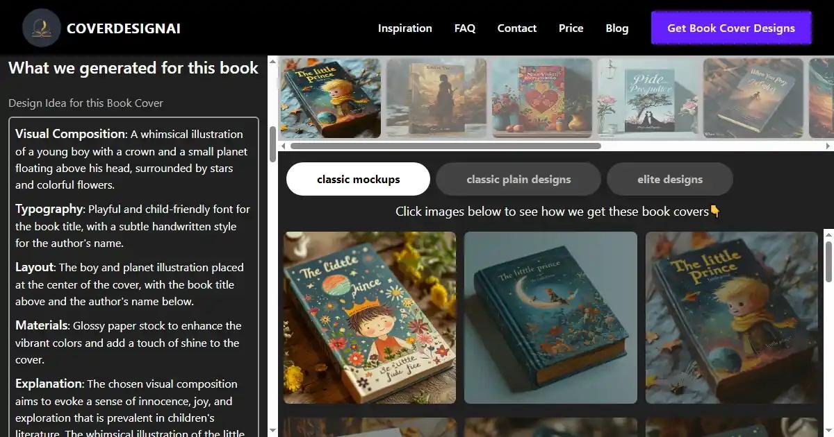Screenshot of CoverDesignAI - Tailored design inspiration, creative prompts, and...