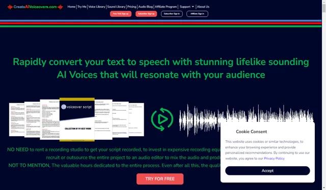 Screenshot of Create AI Voiceovers - Create AI Voiceovers is an online audio conversion...