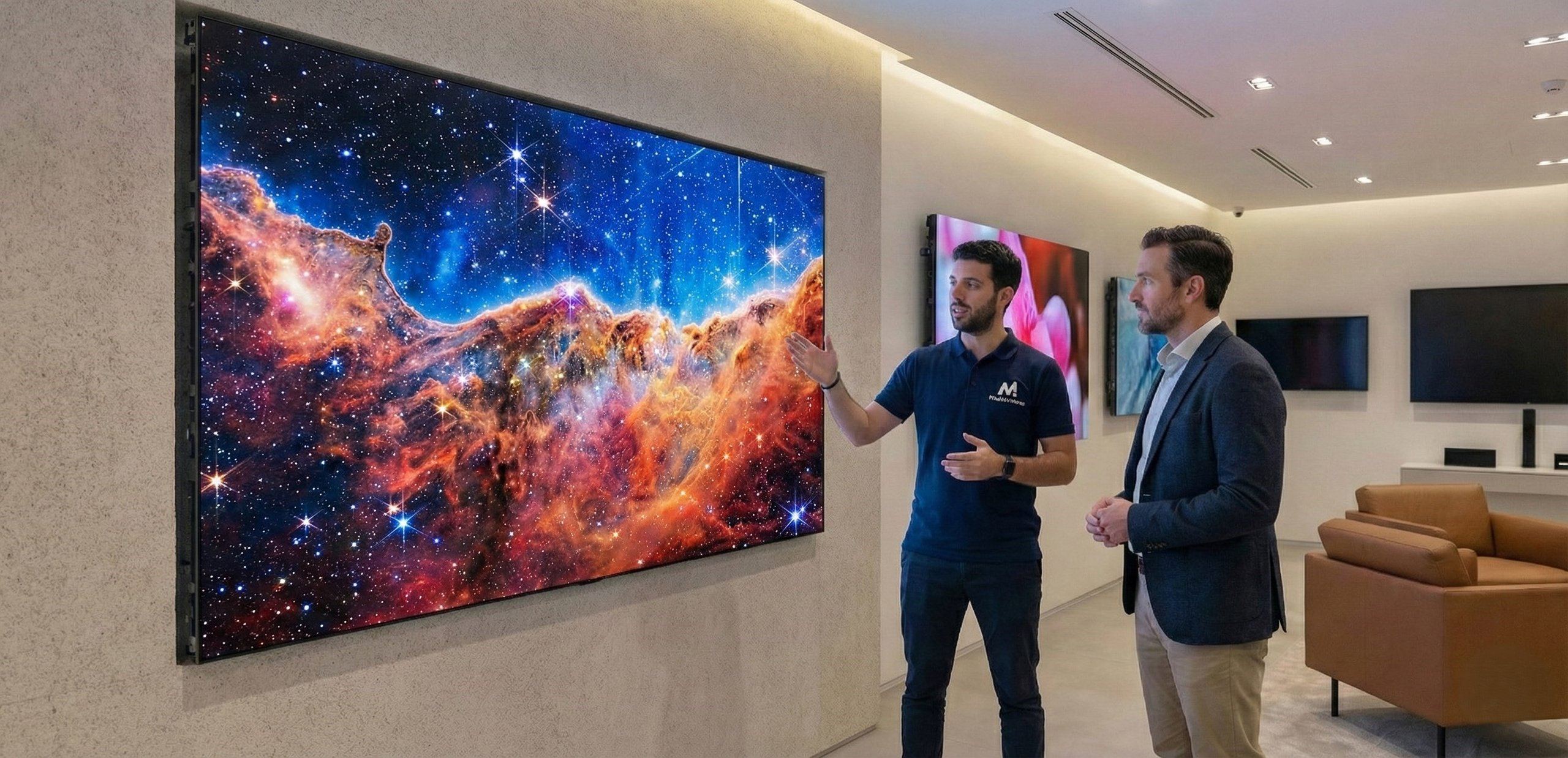 Two people discussing an image on a large wall-mounted LED screen in a showroom.