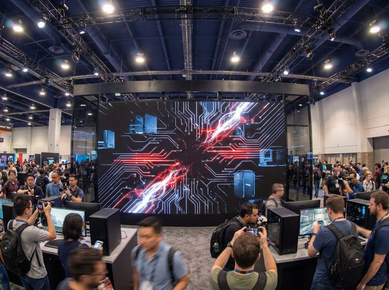 Curved LED wall wrapping a trade show stand above a bank of product demo stations.
