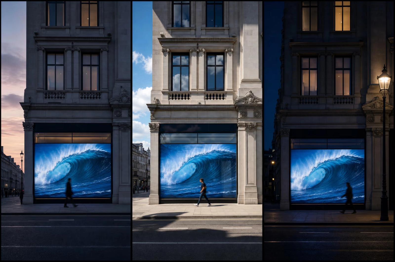 The same shopfront LED display at dawn, midday, and night, with the screen equally bright and legible in all three lighting conditions
