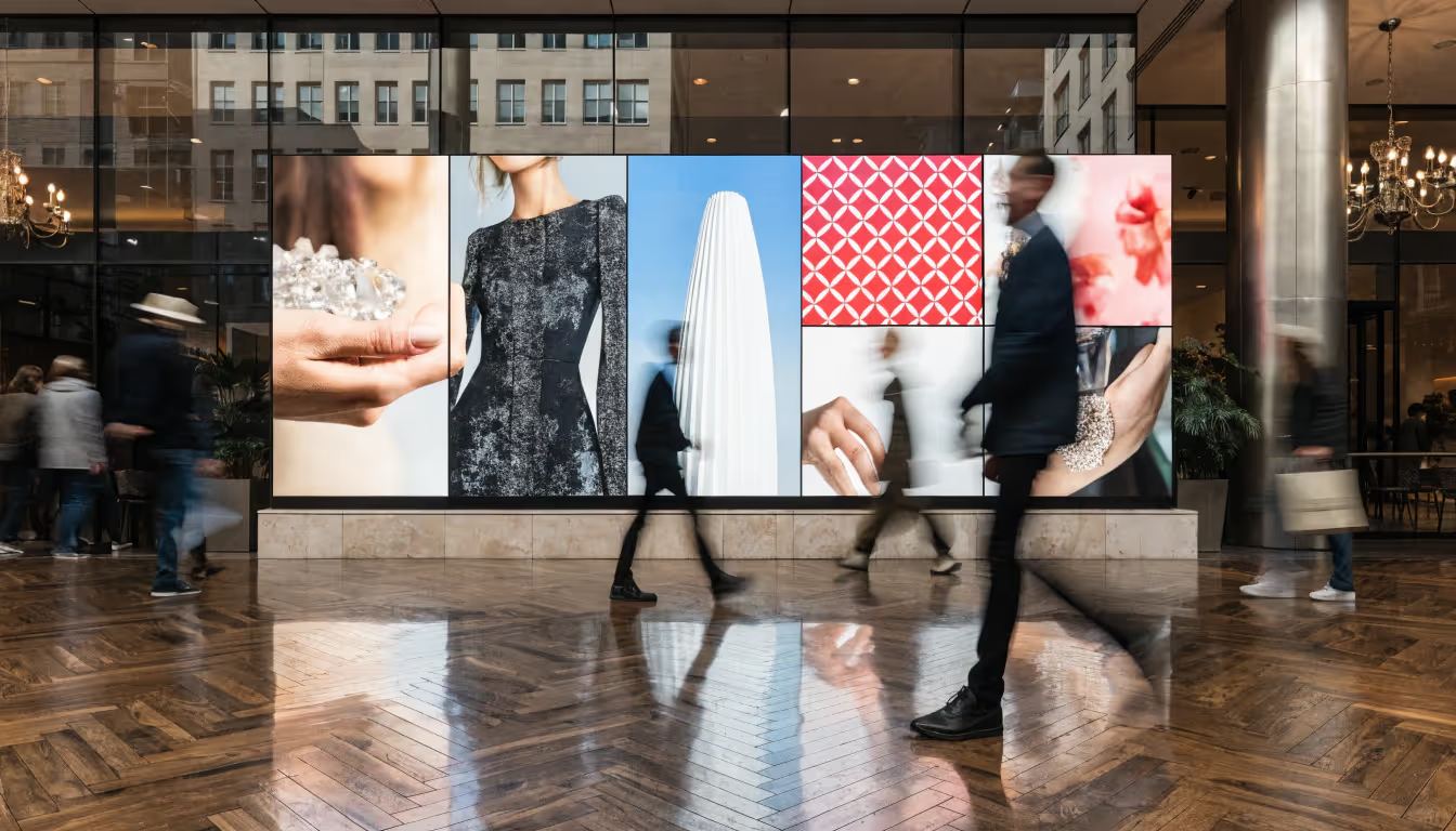 LED video walls flanking the reception desk of a hotel lobby.