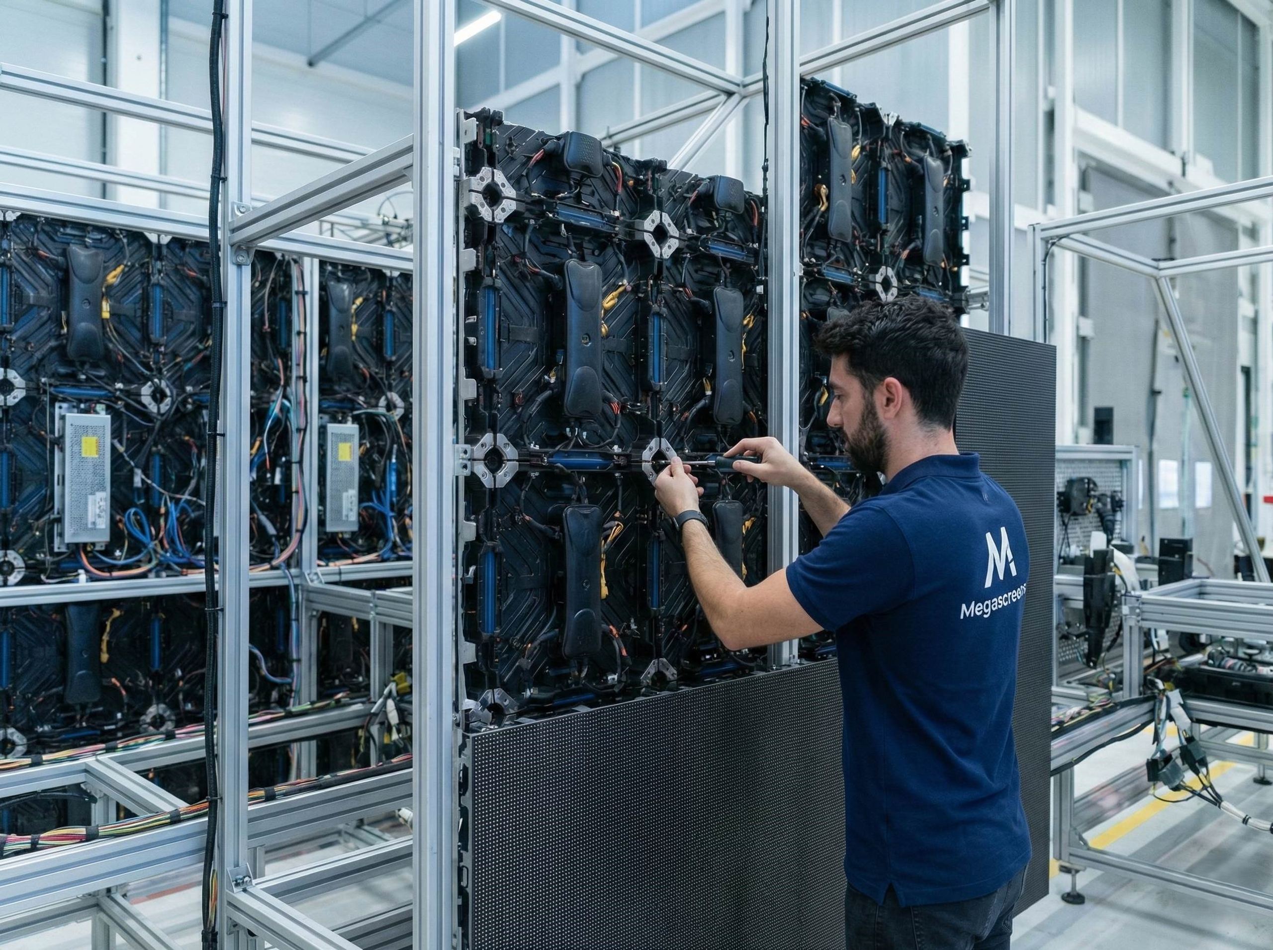 Technician assembling large LED display panels in a factory.