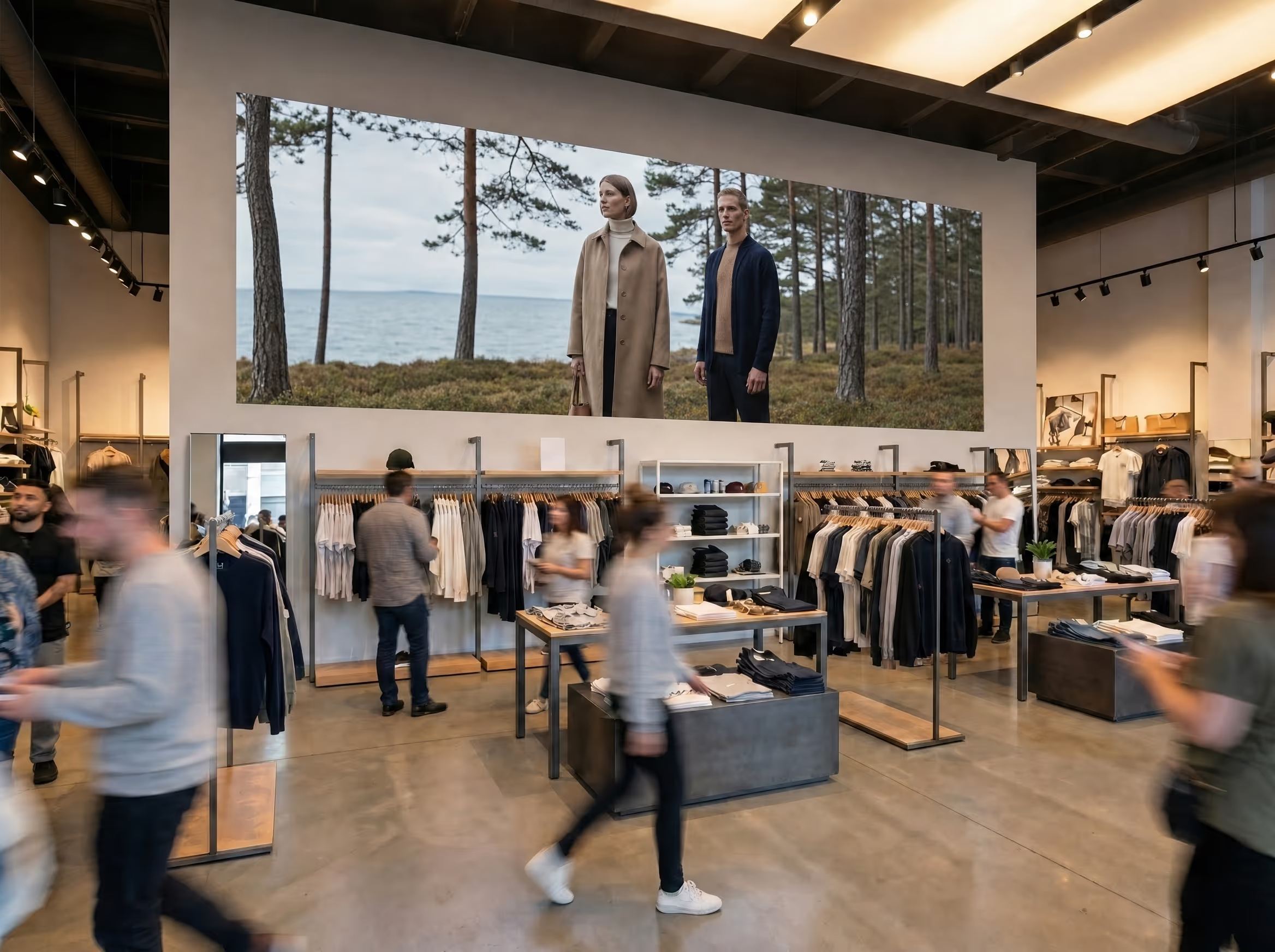 Modern retail clothing store interior with racks of folded and hanging apparel and blurred shoppers walking.