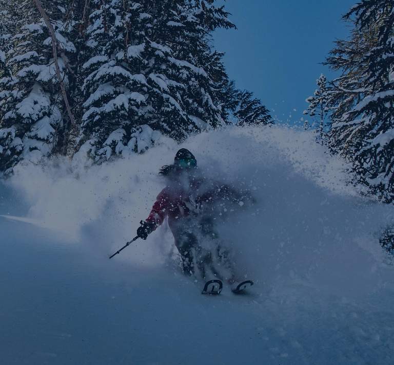 Below angle shot of skier coming down a trail in fresh snow.