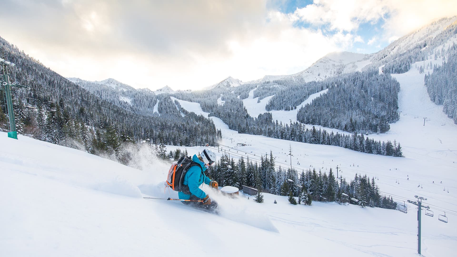 Skier carving through deep powder on a mountain slope.