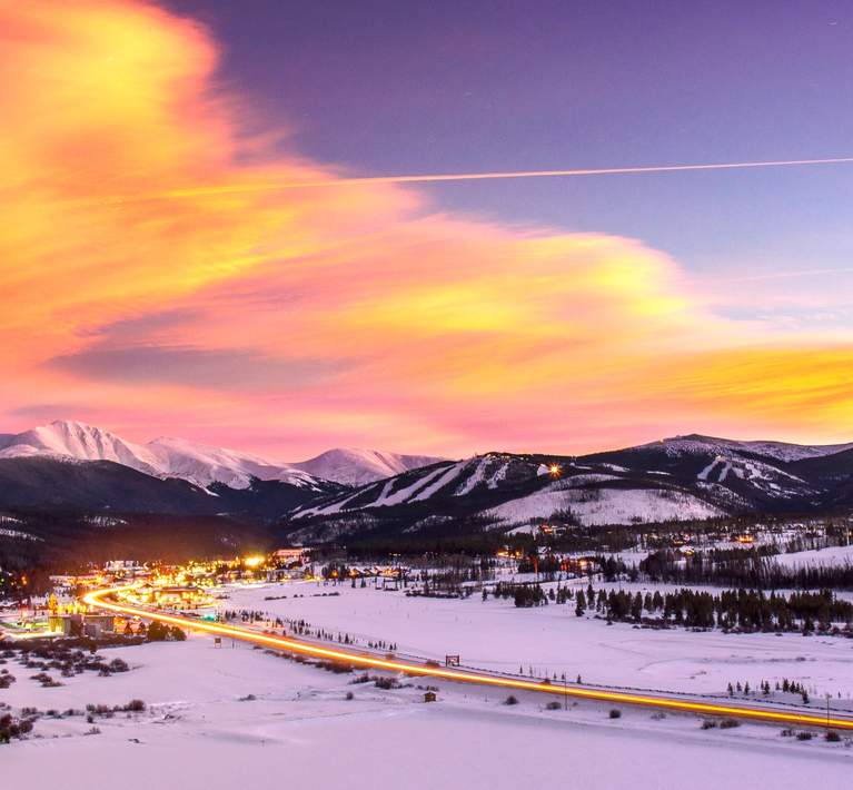 A sunrise over the Fraser Valley looking at Winter Park Ski Resort in Colorado