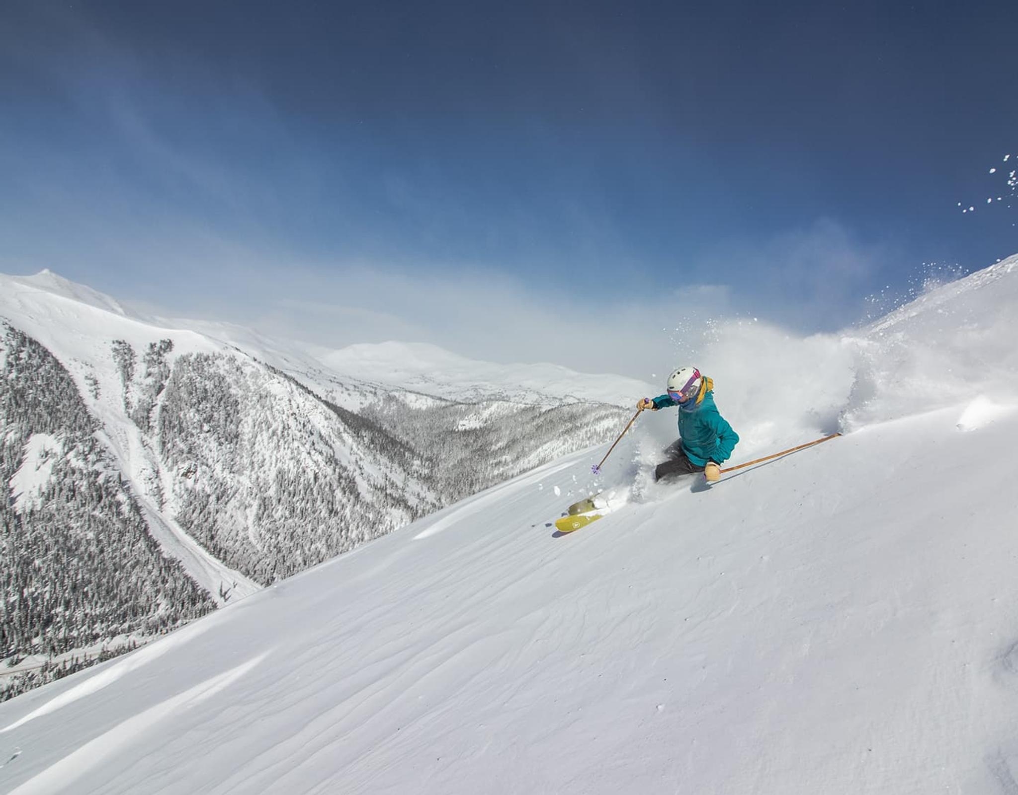 Skier carving through powder on a picturesque mountain slope.