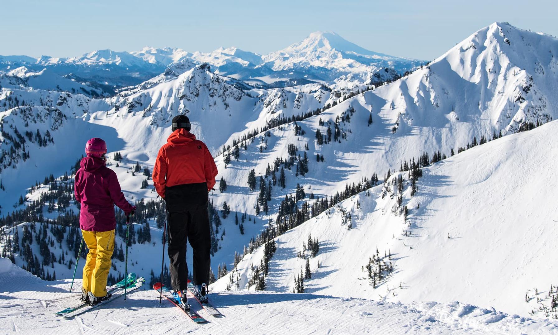 Two skiers taking in a scenic mountain view.