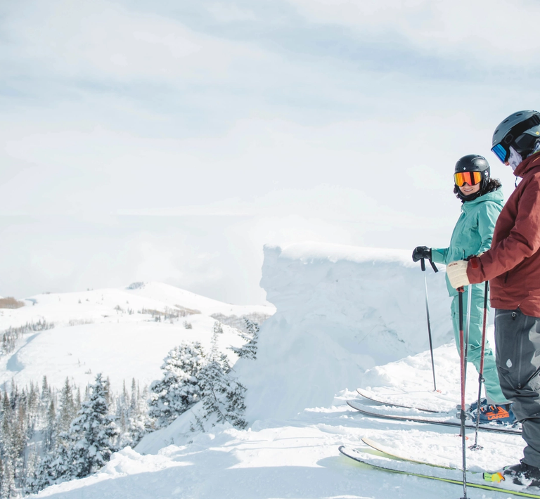 Two skiiers standing on the edge of a mountain