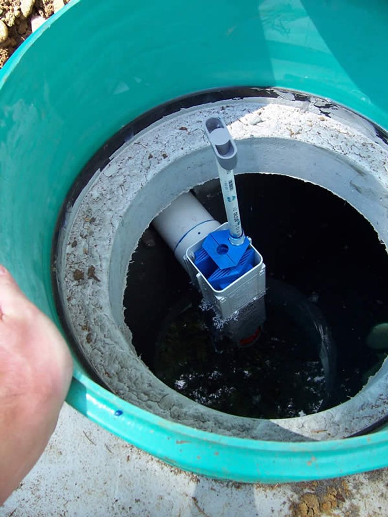An outlet filter with handle installed in a standard septic tank. The blue filter provides passive filtration and prevents larger pieces of solids and "scum" from entering the downstream components.