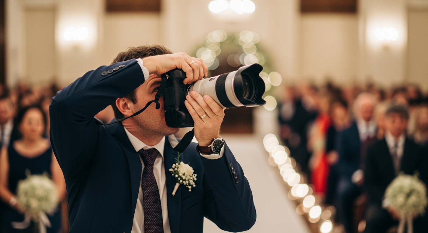 Professioneller Hochzeitsfotograf bei der Arbeit