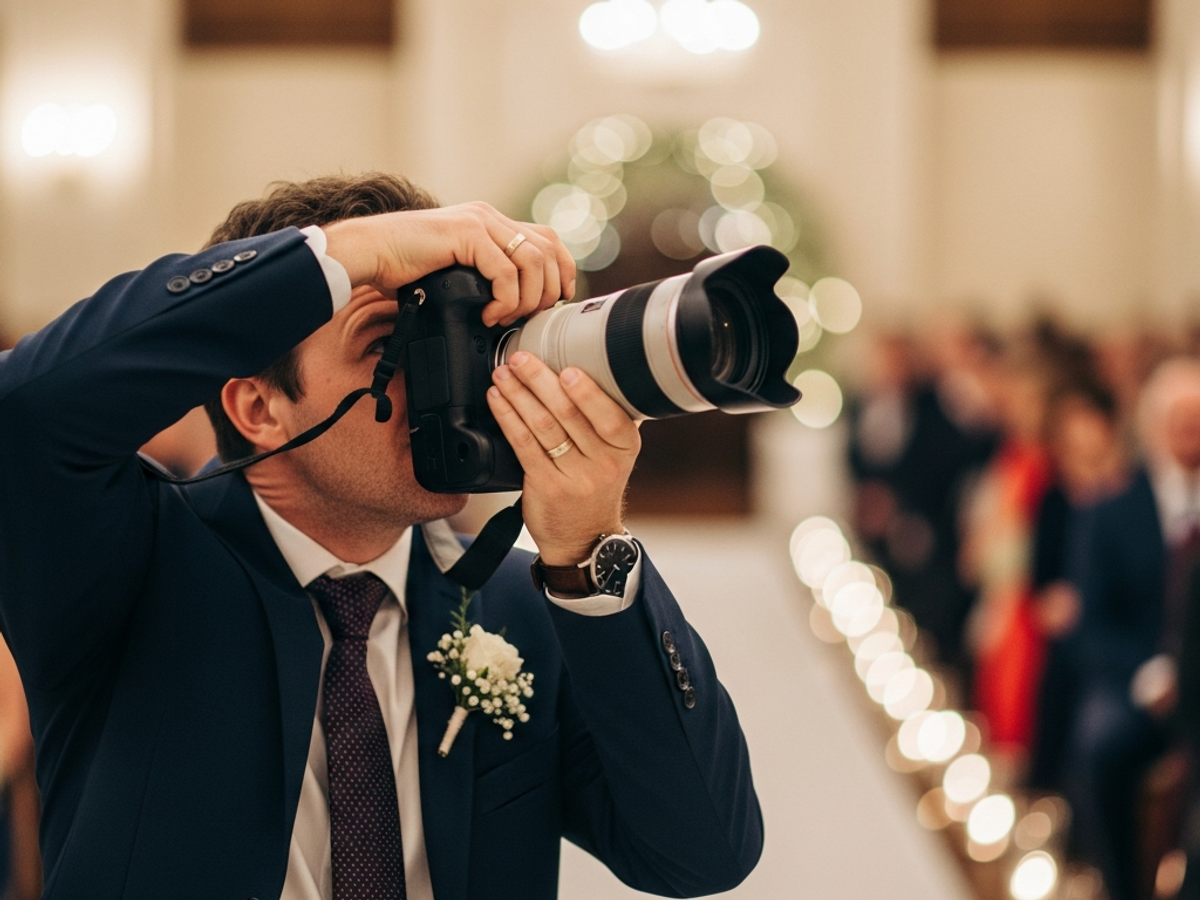 Professioneller Hochzeitsfotograf bei der Arbeit