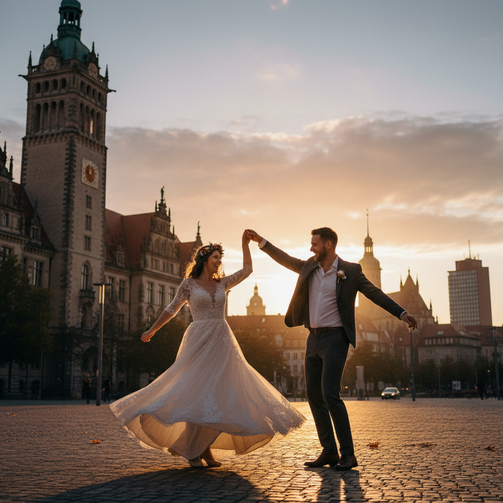 Brautpaar tanzt vor historischer Kulisse in Leipzig