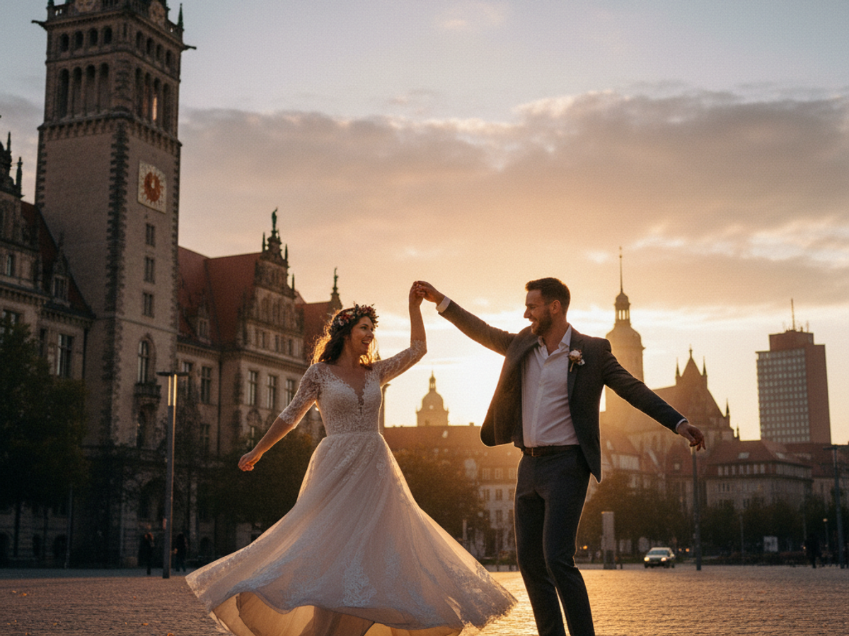 Brautpaar tanzt vor historischer Kulisse in Leipzig