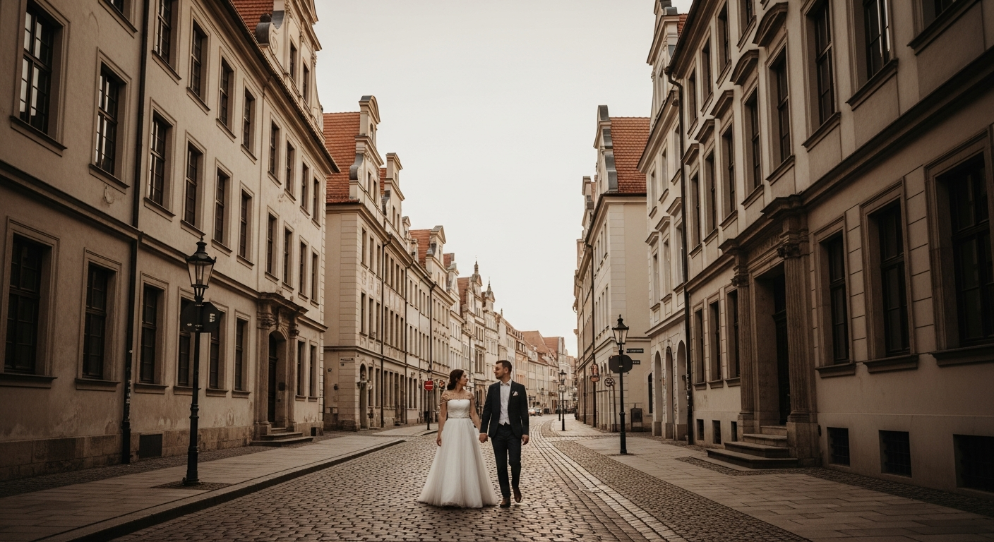 Romantisches Brautpaar in der historischen Altstadt von Görlitz