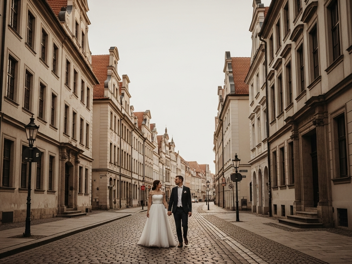 Romantisches Brautpaar in der historischen Altstadt von Görlitz