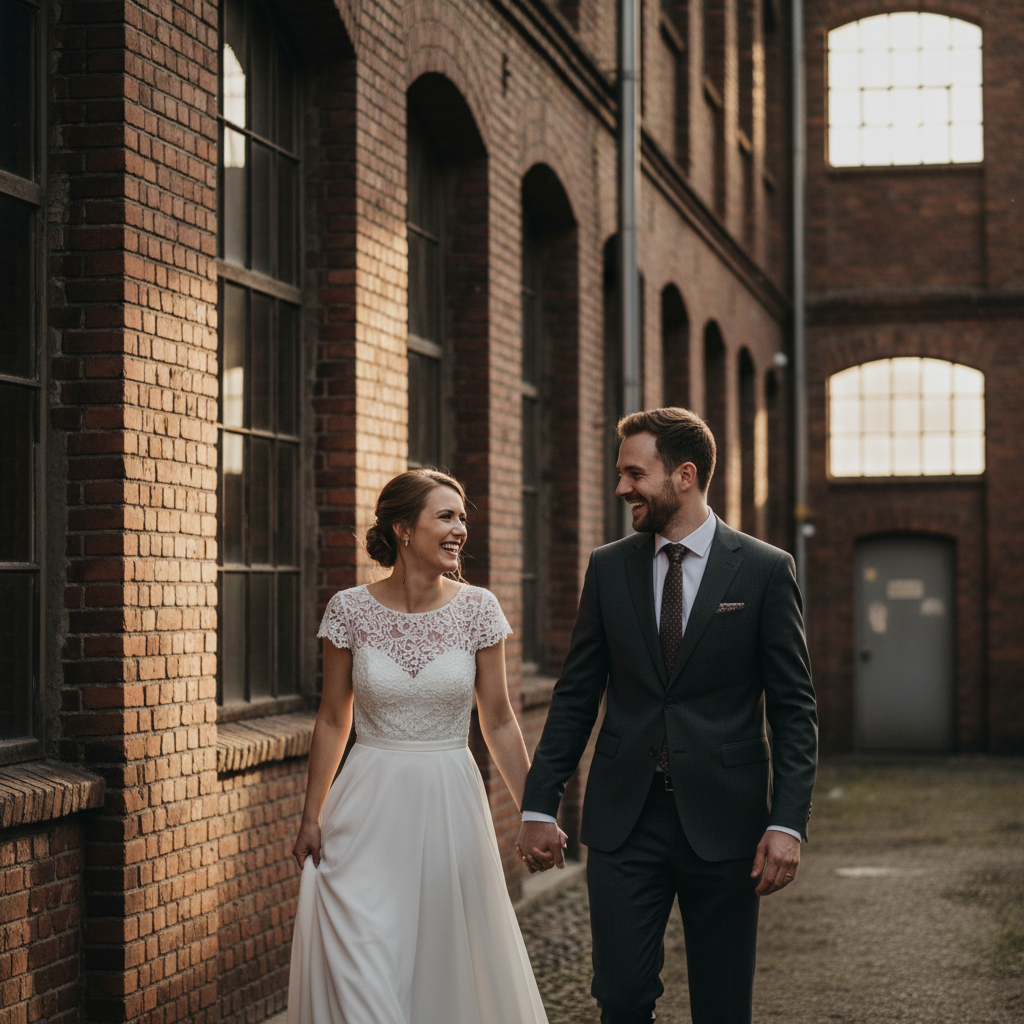 Glückliches Brautpaar spaziert durch die Leipziger Baumwollspinnerei, ein Beispiel für authentische Hochzeitsfotografie in Leipzig.