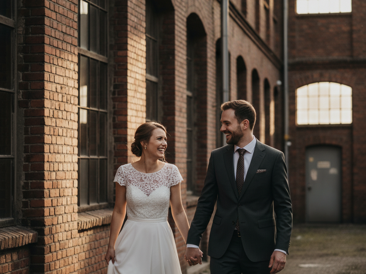 Glückliches Brautpaar spaziert durch die Leipziger Baumwollspinnerei, ein Beispiel für authentische Hochzeitsfotografie in Leipzig.