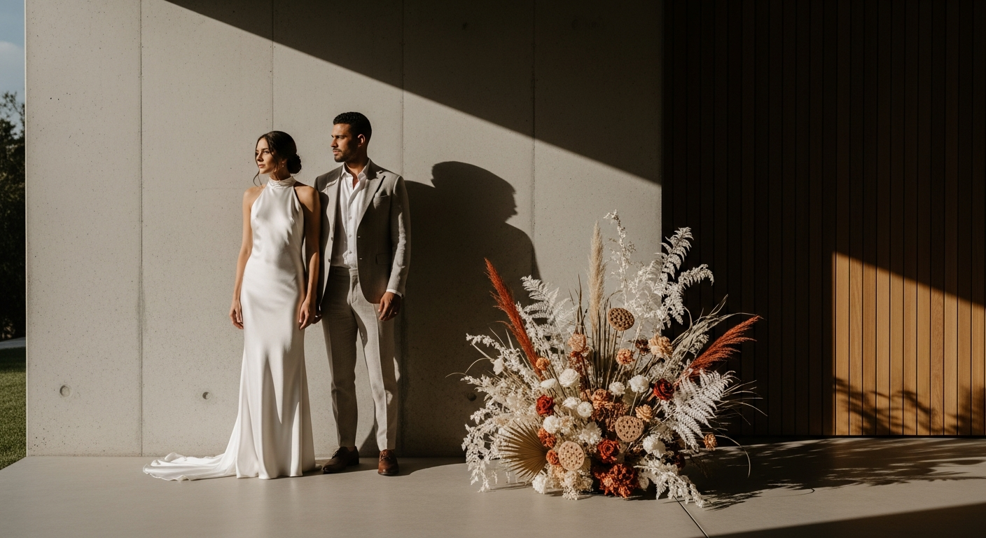 Modernes minimalistisches Brautpaar im zeitgenössischen Stil