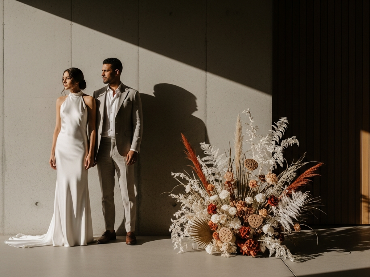 Modernes minimalistisches Brautpaar im zeitgenössischen Stil