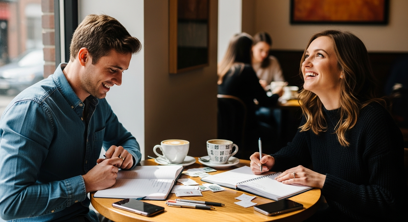 Paar plant gemeinsam die Hochzeit bei einem Kaffee