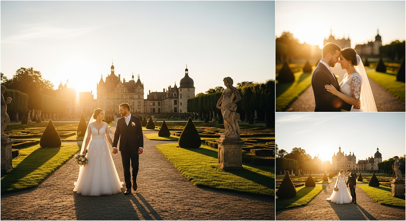 Elegantes Schloss als Hochzeitslocation in Leipzig bei Sonnenuntergang