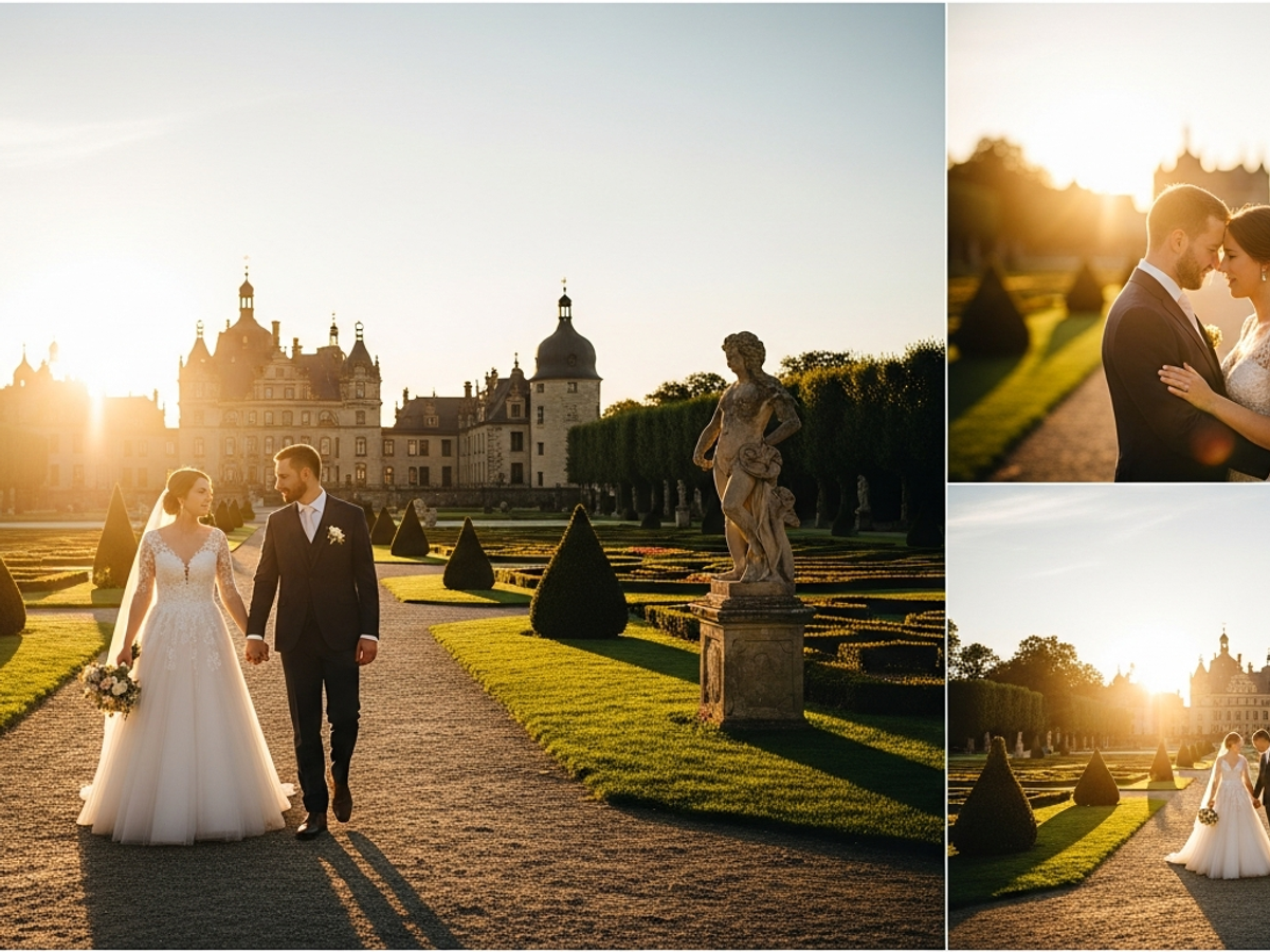 Elegantes Schloss als Hochzeitslocation in Leipzig bei Sonnenuntergang
