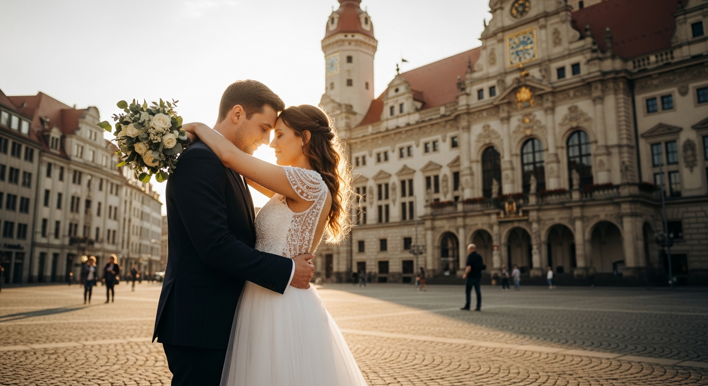 Brautpaar umarmt sich vor historischer Leipziger Architektur