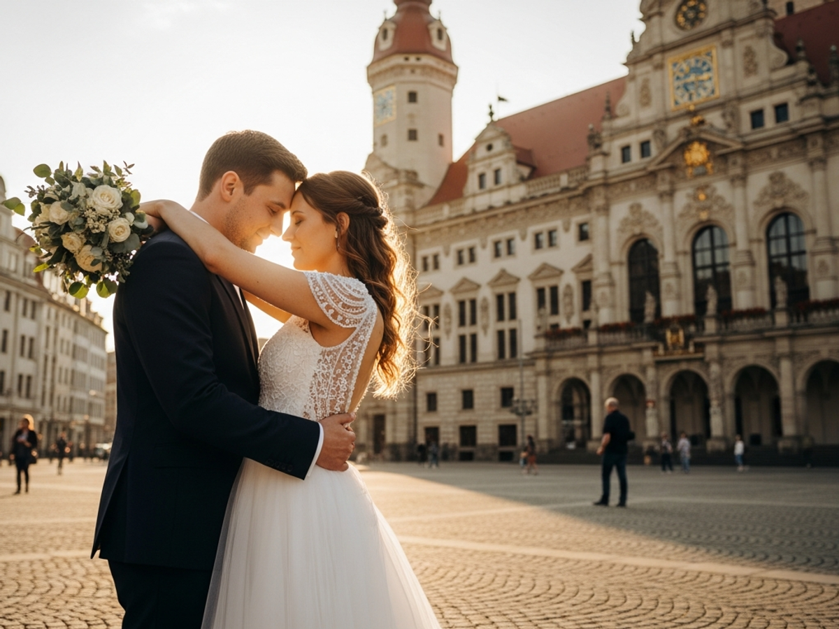 Brautpaar umarmt sich vor historischer Leipziger Architektur