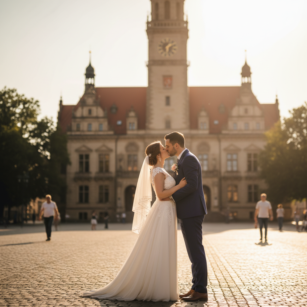 Brautpaar küsst sich vor dem Neuen Rathaus in Leipzig