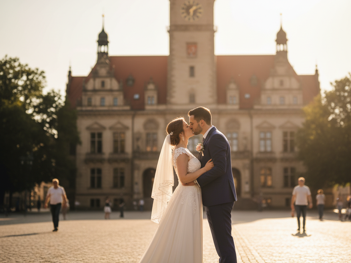 Brautpaar küsst sich vor dem Neuen Rathaus in Leipzig