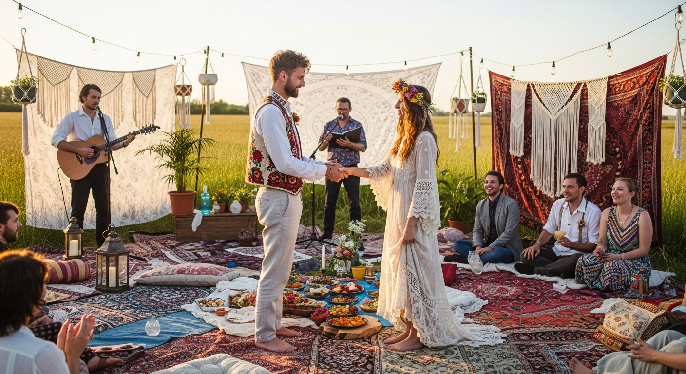 Alternatives Brautpaar mit Boho-Stil bei einer kreativen Outdoor-Hochzeit