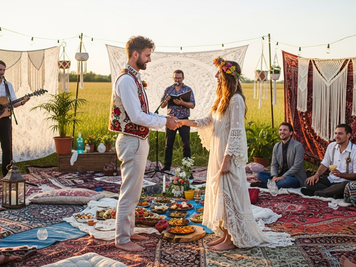 Alternatives Brautpaar mit Boho-Stil bei einer kreativen Outdoor-Hochzeit