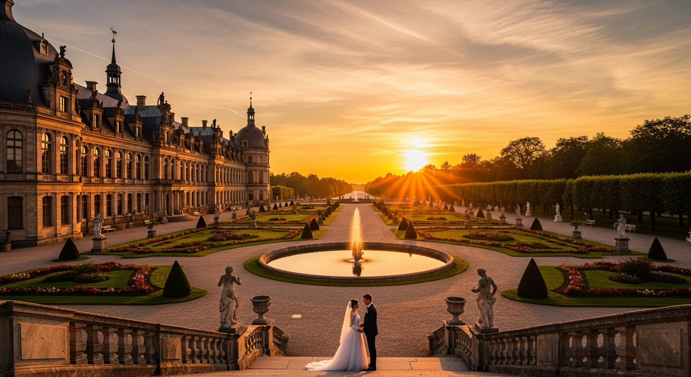 Schloss Machern als romantische Hochzeitslocation bei Sonnenuntergang