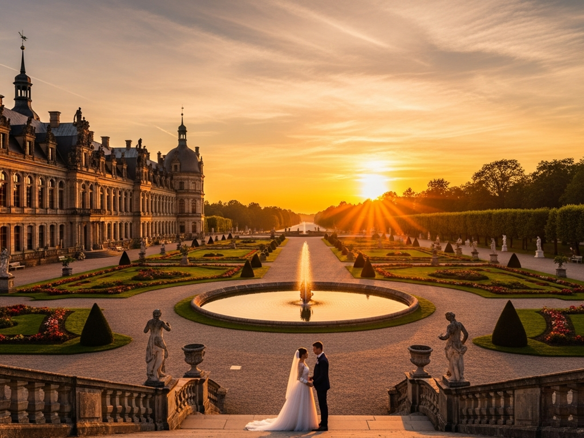 Schloss Machern als romantische Hochzeitslocation bei Sonnenuntergang