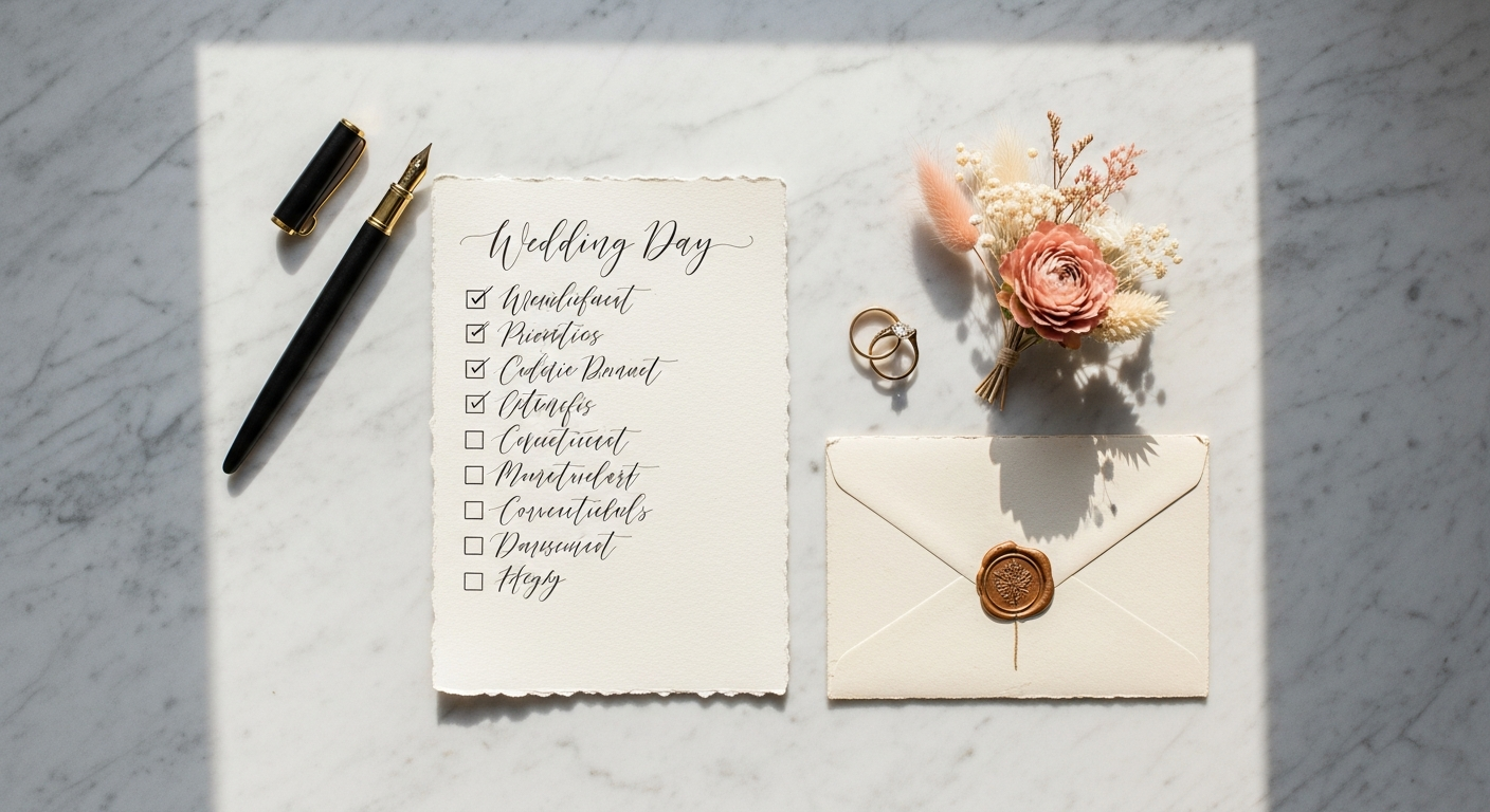 Hochzeitsplanung Flatlay mit Checkliste, Ringen und Blumen