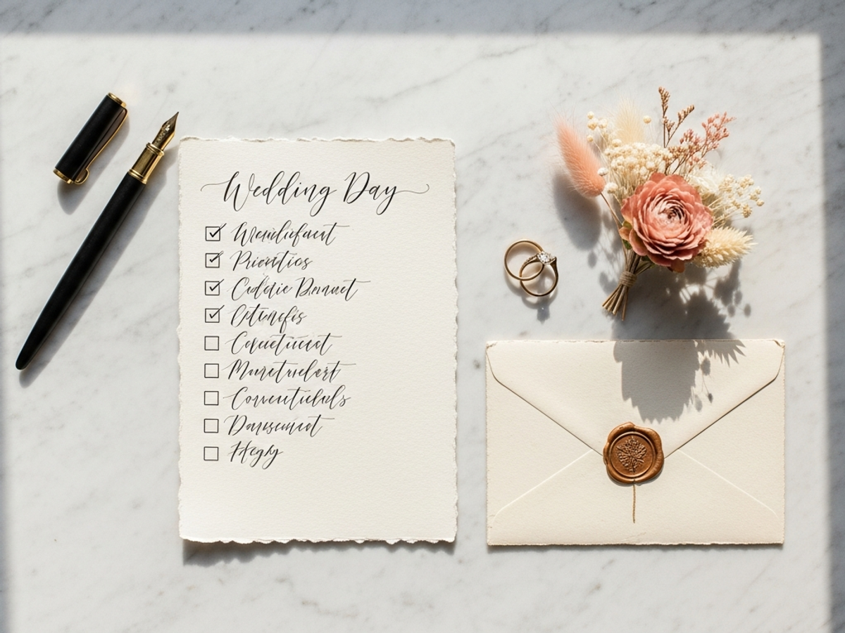 Hochzeitsplanung Flatlay mit Checkliste, Ringen und Blumen