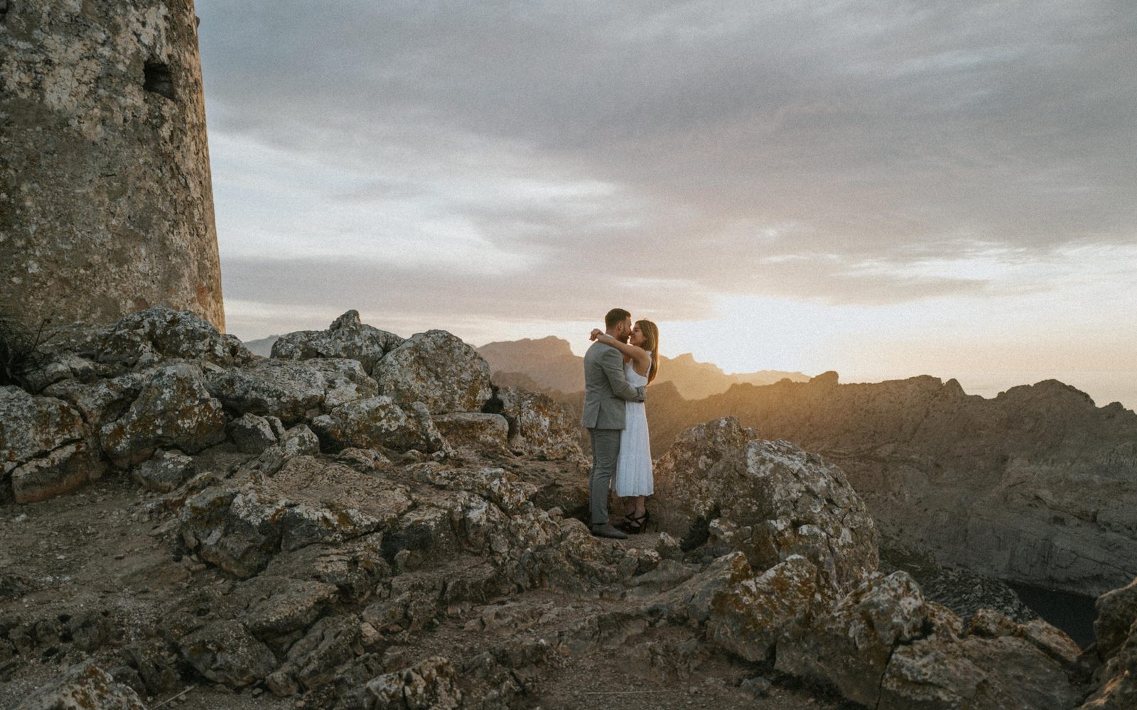 Couple at sunset in the mountains of Mallorca